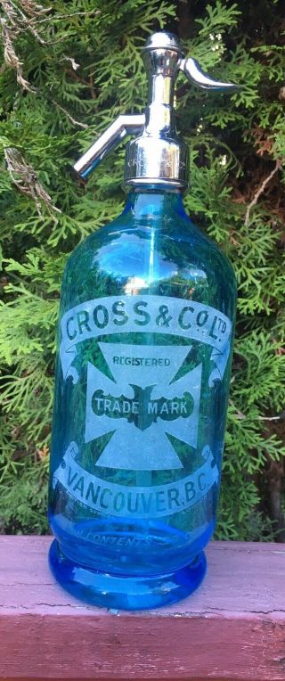 Stunning Early Advertising Cobalt Blue Canadian Seltzer Bottle Vancouver B.  C.