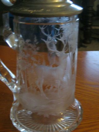 Antique German Beer Stein - Glass Etched With Elk And Woods