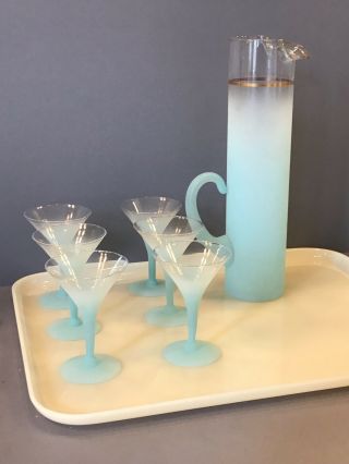 Vintage Blendo Martini Set Frosted Baby Blue Cocktail Pitcher 6 Glasses Mcm