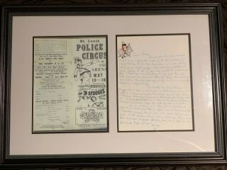 Three Stooges (moe Howard) Autograph Letter Signed Mention Of St.  Louis Benefit