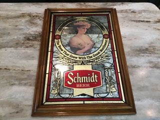 Vintage Schmidt Beer Framed Sexy Girl Mirror Reflective Plaque Advertisement