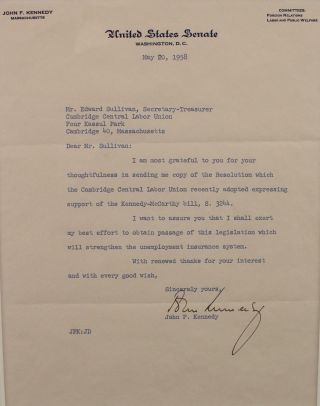 1958 Authentic Live Signature Senator John F.  Kennedy,  US Senate Letterhead NR 3