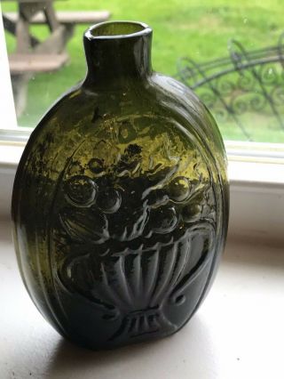 Cornocopia Urn Historical Flask 1/2 Pint Olive Amber Open Pontil