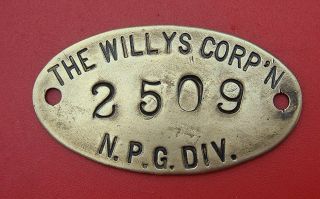 Rare Automotive Brass Property Tag: Willys Overland Corp Process Gear; Jeep
