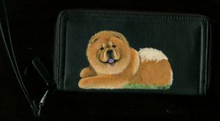 Handpainted Chow On Leather Zip Around Wallet Wristlet By Useableart