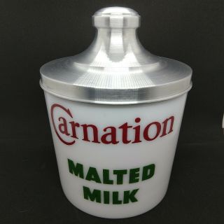 Vintage Carnation Malted Milk Glass Advertising Container Jar Soda Fountain Shop