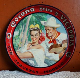 Mexican Vintage Modelo Corona & Victoria Beer Tray W/ Jarochos Couple 1950´s