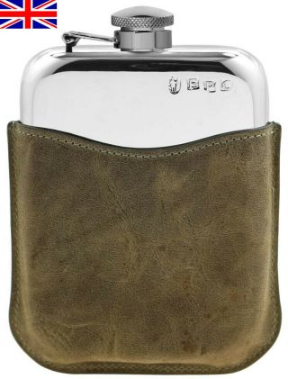 Hand Made Pewter Hip Flask 6oz Captive Top,  Stone Leather Sleeve,  Engraving