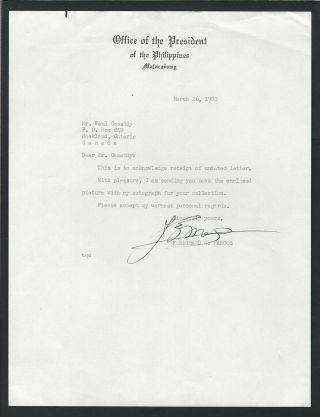 Ferdinand Marcos Signed Letter Dated March 26,  1980 President Of Philippines