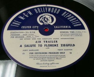 Salute To Florenz Ziegfeld 16 " Radio Transcription (1941) Judy Garland