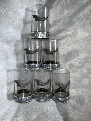 Set Of 6 Beluga Caviar Noble Russian Vodka Shot Glasses Pewter With Sturgeon
