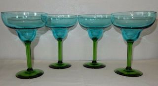 Set Of 4 Turquoise W Green Stem Goblets Margarita Daiquiri Cocktail Wine Glasses