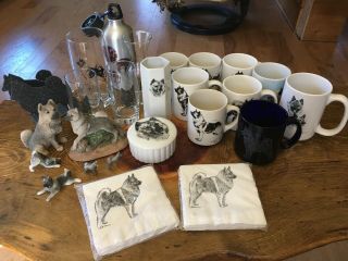 Norwegian Elkhound Figurine,  Statue,  Coffee Mugs,  Glassware,  Napkins Collectible
