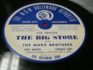 The Big Store 16 " Radio Transcription Disc (1941) Film E Marx Brothers