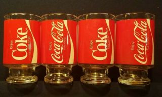 Set Of 4 Vintage Coca Cola 32oz Large Pedestal Glass Enjoy Coke Big Soda Cup