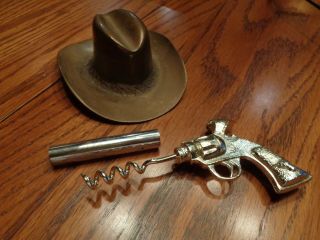 Vintage Brass Cowboy Hat Bottle Opener & Pistol Gun Corkscrew Cowboy Bar Set