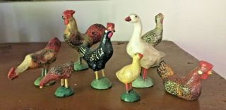8 Early Antique Folkart Birds Putz Chicken Duck Turkey Goose Rooster Composition