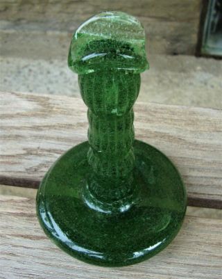 Early Crude Green Glass Linen Smoother Whimsical " Slick Stand " In Ironing