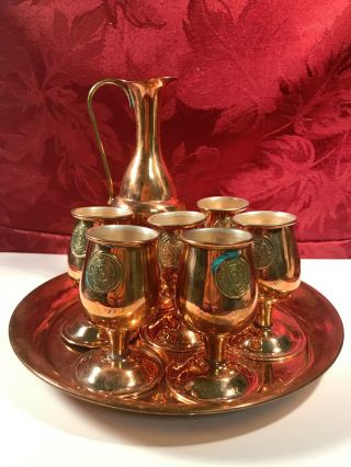 Vintage 1950s Copper And Brass Set Of 6 Cordials,  Tray And Serving Pitcher