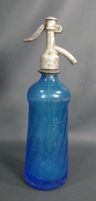 1930 Carl Pochtler Vienna Blue Glass Soda Sparkling Water Siphon Seltzer Bottle