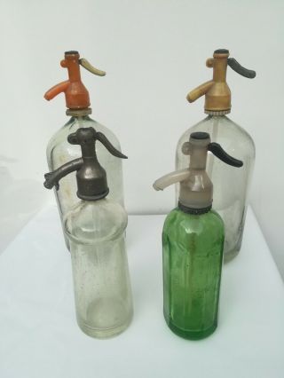 Four Vintage Soda Siphon Glass Green Glass Bottle Collectible Seltzer Bottles