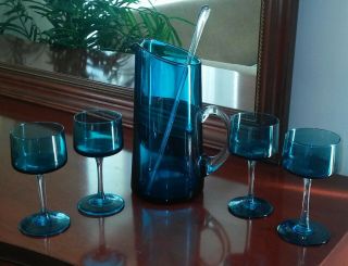 Vintage Cobalt Blue Martini Cocktail Set With Pitcher,  Swizzle Stick & 5 Glasses