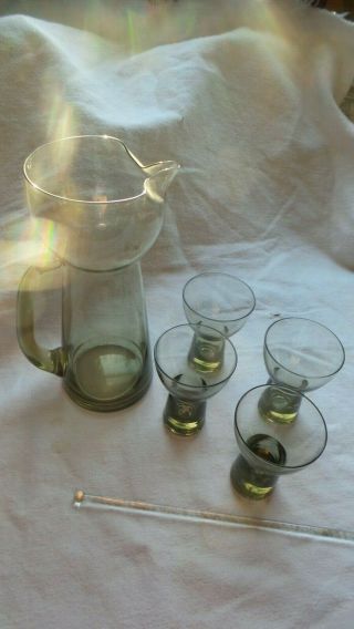 Vintage 8 Pc Smoked Glass Martini Set Pitcher And Stirrer With 6 Glasses
