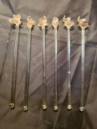 6 Vintage Glass Cocktail Stirrers / Swizzle Sticks W/ Dancing Pink Elephants