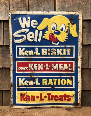Vintage 50s Ken - L Biskit Meal Ration Treats Dog Food Sign Animal Feeds Pet Store