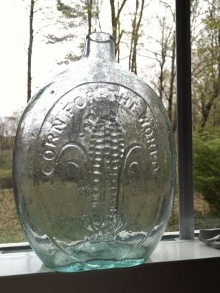 Pontil Corn For The World Flask Baltimore Monument Aqua Quart
