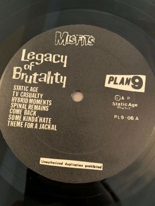 MISFITS LEGACY OF BRUTALITY 1989 VINYL PLAN 9 Caroline PL9 - 06 Static Age Music 5