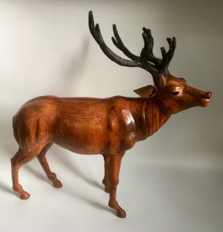 Vintage Leather Covererd Deer Buck Elk Figurine Statue Glass Eyes 13 " X 13 "