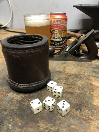 Vintage Leather 3 3/4 " Hard Ribbed Inside Dice Cup.  Great Patina With 5 Dice