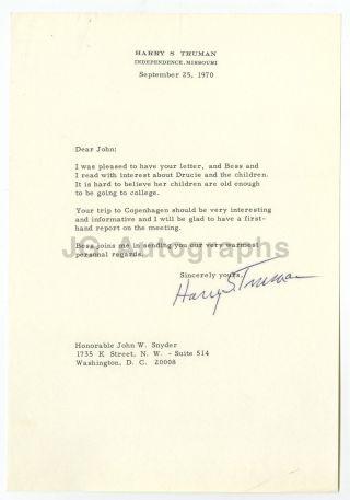 Harry S.  Truman 1970 Signed Letter Sent To Secretary Of Treasury John W.  Snyder