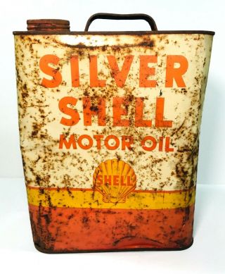 Silver Shell Motor Oil Metal Can 2 Gallon Clamshell Gas Station Vintage