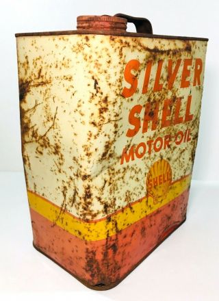Silver Shell Motor Oil Metal Can 2 Gallon Clamshell Gas Station Vintage 2