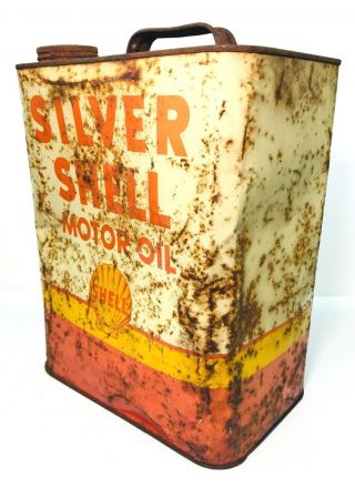 Silver Shell Motor Oil Metal Can 2 Gallon Clamshell Gas Station Vintage 3