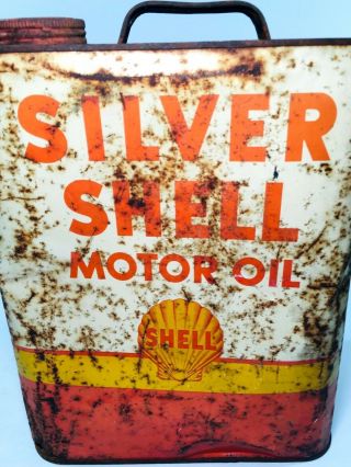 Silver Shell Motor Oil Metal Can 2 Gallon Clamshell Gas Station Vintage 4