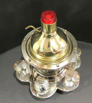 Vintage Retro Bar Barware Shot Glass Pump Decanter Dispenser Gold Trim Red Top