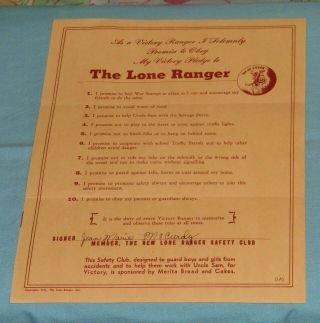 Vintage Merita Bread Premium The Lone Ranger Victory Ranger Safety Club Pledge