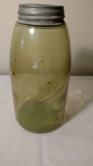 Antique 1/2 Gallon Ball Mason Jar Yellow Green Amber Olive With Glass & Zinc Lid