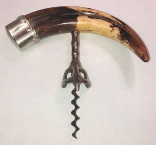 Antique Antler Stag Handle Boar Tusk Sterling Silver Cork Screw Opener
