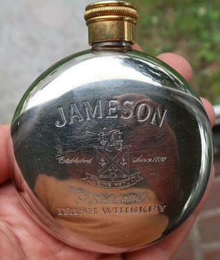 3 " Vintage Jameson Irish Whiskey Small Round Stainless & Brass Pocket Flask