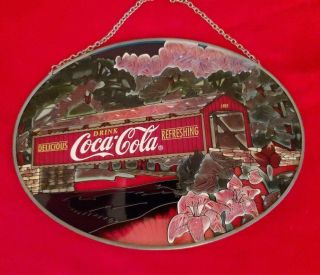Vintage Coca Cola 9” Stained Glass Retro 1905 Cabin Ad Advertising Sign Rare