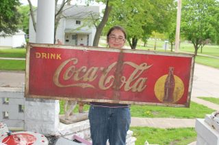 Large Vintage 1939 Coca Cola Soda Pop Gas Station 54 " Embossed Metal Sign