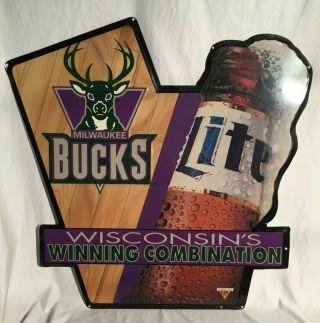 Milwaukee Bucks Basketball Miller Lite Beer Sign - 28 " X 30 " For Bar Or Man Cave