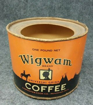 Wigwam 1 Lb.  Cardboard Coffee Tin Carpenter Cook Co.  Menominee Michigan No Lid