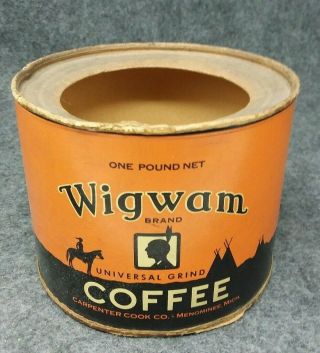 WIGWAM 1 Lb.  Cardboard Coffee Tin CARPENTER COOK CO.  Menominee MICHIGAN No Lid 2