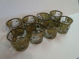 Set Of 8 Vintage Cera Old World Map Nautical Gold 3 3/8 " Tall Hi - Ball Glasses