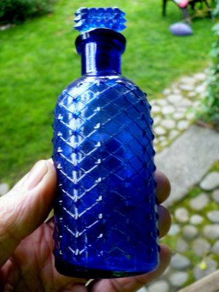 Cobalt Blue Quilted Poison With Stopper Embossed Poison 4 3/4 Inch